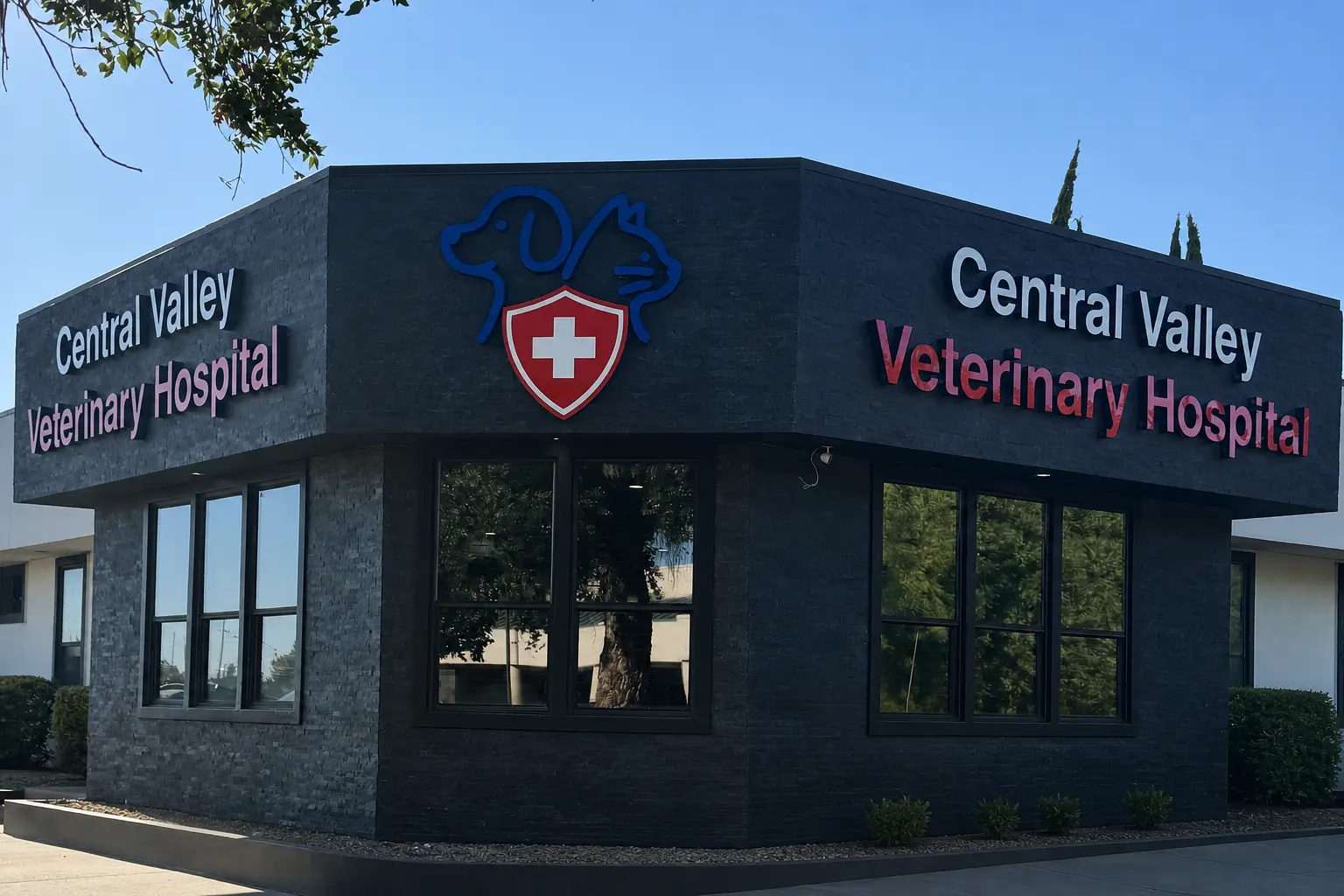 Dr. Rajvir Gillon performing a physical examination on a small white dog while consulting with a pet owner and an assistant, exemplifying the hospital's transparent communication and availability for urgent care services Monday through Sunday.